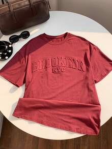 SHEIN EZwear Summer Tops Pink Solid Letter Embossed Drop Shoulder Tee