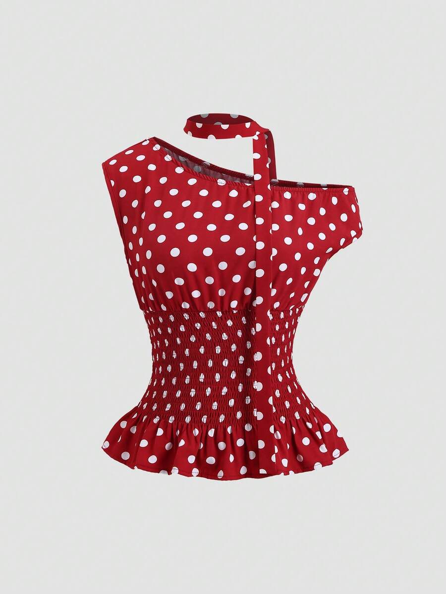 Sweetra Söt prickig blus med åtsittande midja, ärmlös damblus, vår/sommar - Bourgogne - Visa 1