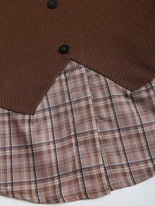 Sweetra Women's Retro 2 In 1 Plaid Patchwork Long Sleeve Shirt Design Top - Coffee Brown - View 5