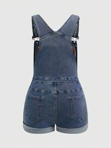 ROMWE Fairycore Bộ quần yếm nữ cỡ lớn kiểu dáng đồng quê, áo liền quần denim thêu hình nấm. - Màu xanh lam - Xem 4