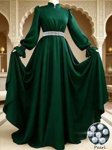 GlowEve 斋月女士喇叭袖珍珠腰饰A字长裙，优雅百搭，适合日常通勤、时尚节、法式街头风、复古风，也适合情人节、派对、新年等场合，橄榄绿，早春/秋冬新款长袖连衣裙 - 墨綠色 - 查看 10