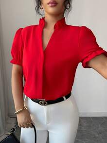 Elenzga 女士优雅通勤纯色翻领衬衫，夏季 - 紅色 - 查看 7