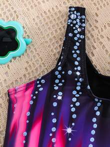 SHEIN Young Girl Tie-Dye Pattern Hollow Waist One-Piece Swimsuit, Casual & Vacation - Hot Pink - View 4