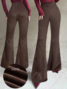 Firerie Women's New Elegant Casual Everyday Commute Fashion Versatile High Waist Slim Fit Brown Suede Flare Pants, Suitable For Autumn/Winter, Airport, Teacher, Office Wear, Cozy Fall, Christmas, New Year - Brown - View 6