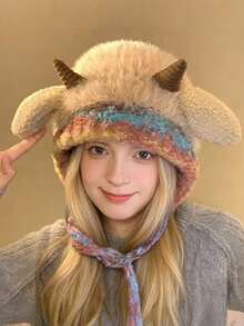 Joivida Rainbow Stripe Ram Horn Design Thermal Lined Knit Beanie Winter Warm Hat For Women Windproof Thermal Slouchy Skull Cap Cold Weather Outdoor Ski Snowboarding Holiday New Year Party Festival Gift - Multicolor - View 1