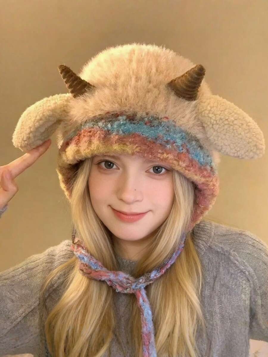 Joivida Rainbow Stripe Ram Horn Design Thermal Lined Knit Beanie Winter Warm Hat For Women Windproof Thermal Slouchy Skull Cap Cold Weather Outdoor Ski Snowboarding Holiday New Year Party Festival Gift - Multicolor - View 1