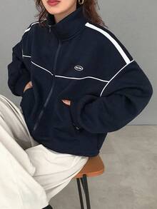FRIFUL 女士藏蓝色立领白色撞色条纹针织滚边宽松休闲百搭保暖内衬卫衣外套，秋冬款 - 藏蓝色 - 查看 6
