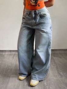 SHEIN Unity Women's Pocket Button Casual Versatile Commute Wide Leg Pants - Medium Wash - View 4