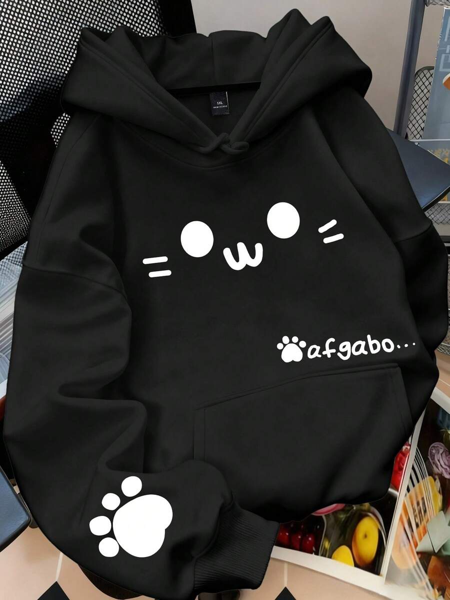 Flirla 加大码女式猫爪和脸印花保暖抽绳卫衣