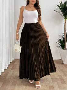 SHEIN CURVE+ Chân váy phồng thanh lịch dành cho nữ cỡ lớn, thiết kế eo chun, phù hợp mặc hàng ngày và đi nghỉ mát, màu đen. - màu nâu - Xem 7