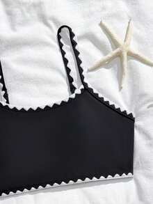 SHEIN 2pcs/Set Tween Girls Simple Black & White Bikini Sets - Black - View 4