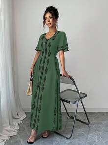 Elenzga 新款优雅V领时尚定位印花女装 - 橄欖綠 - 查看 5