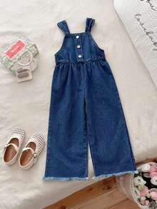 SHEIN 女童牛仔连体裤，特殊面料，休闲乡村风，时尚可爱，百搭休闲，优雅大方，适合春、秋、冬三季穿着。 - 藍色 - 查看 4