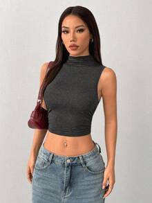 SHEIN PETITE 女士黑色高领褶皱背心 - 深灰色 - 查看 4