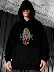 Sudadera con Capucha para Hombre - Negra, Estampado Virgen María con Letras, Corte Oversize - Negro - Ver 1