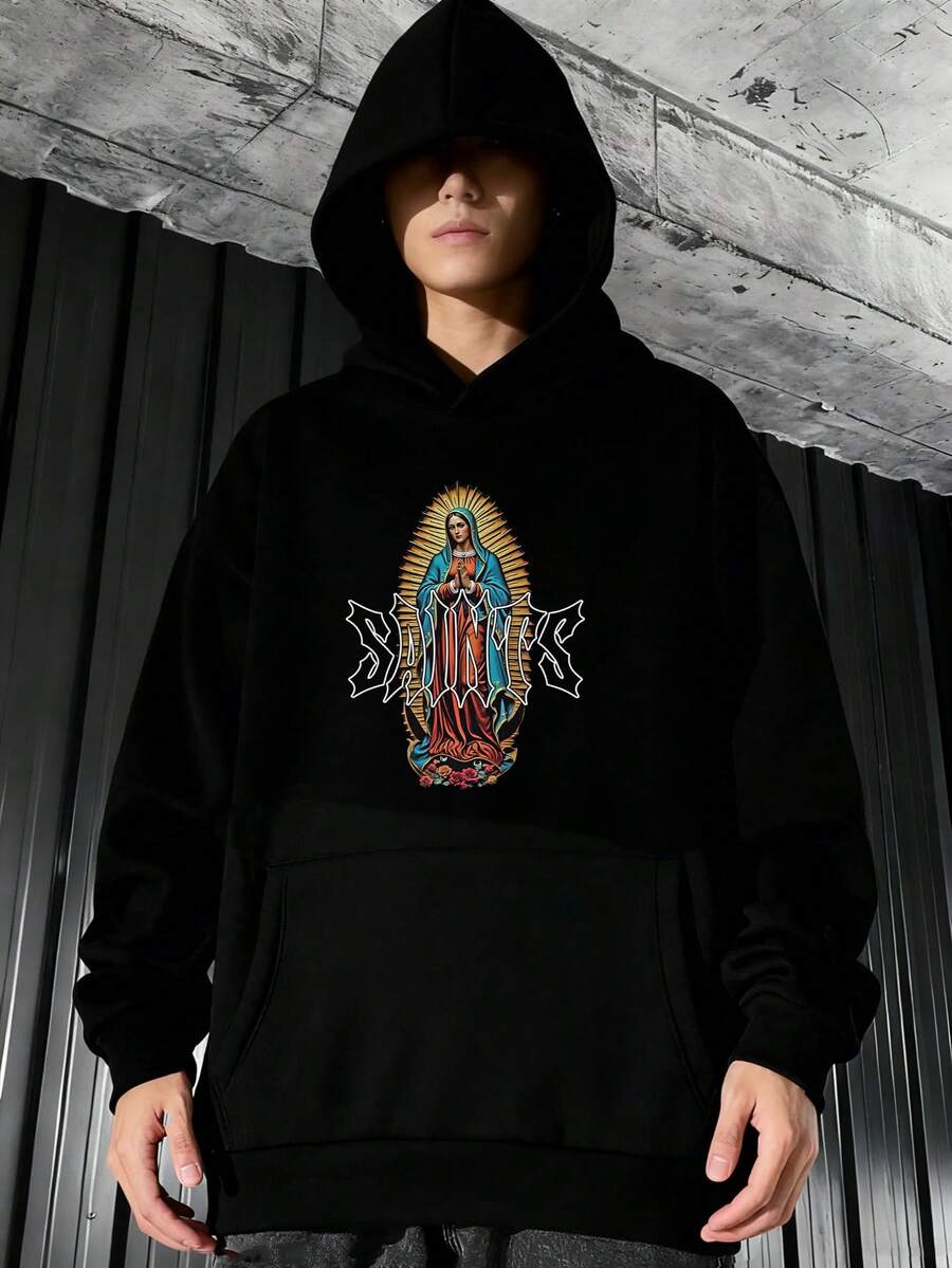 Sudadera con Capucha para Hombre - Negra, Estampado Virgen María con Letras, Corte Oversize - Negro - Ver 1