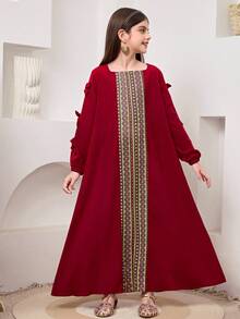 SHEIN Đầm maxi dài tay dáng chữ A rộng rãi, màu trơn, phối sọc, cổ vuông, trang trí nơ, dành cho bé gái tuổi teen, thích hợp cho du lịch, nghỉ dưỡng, phong cách đồng quê, nghỉ mát thường ngày, phong cách bohemian, hoặc phối đồ đôi cho chị em gái. - Đỏ - Xem 4