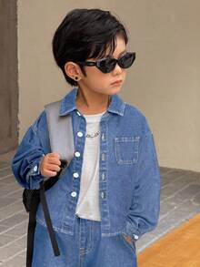 SHEIN Bộ 2 chiếc áo sơ mi dài tay ve denim màu xám cho bé trai và quần ống rộng - Rửa nhẹ - Xem 4