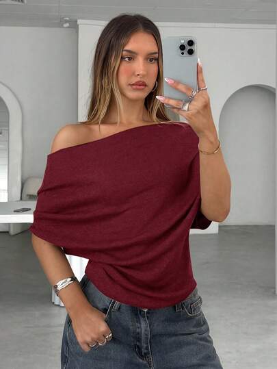 Aloruh Women's New Autumn/Winter Charcoal Gray Drape Shoulder Oblique Shoulder Loose Neck Short Sleeve Knit Sweater
