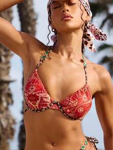 Swim Vcay Women's Floral Print Beaded Halter Bikini Top,Green Summer Boho Beach Holiday Valentine's Day Carnival Party Casual Vacation Bathing Suits Swimwear - Multicolor - View 5
