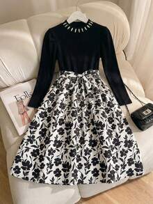 SHEIN Tween Girl Mandarin Collar Raglan Puff Sleeve Casual Floral Patchwork Print Dress - Black - View 1