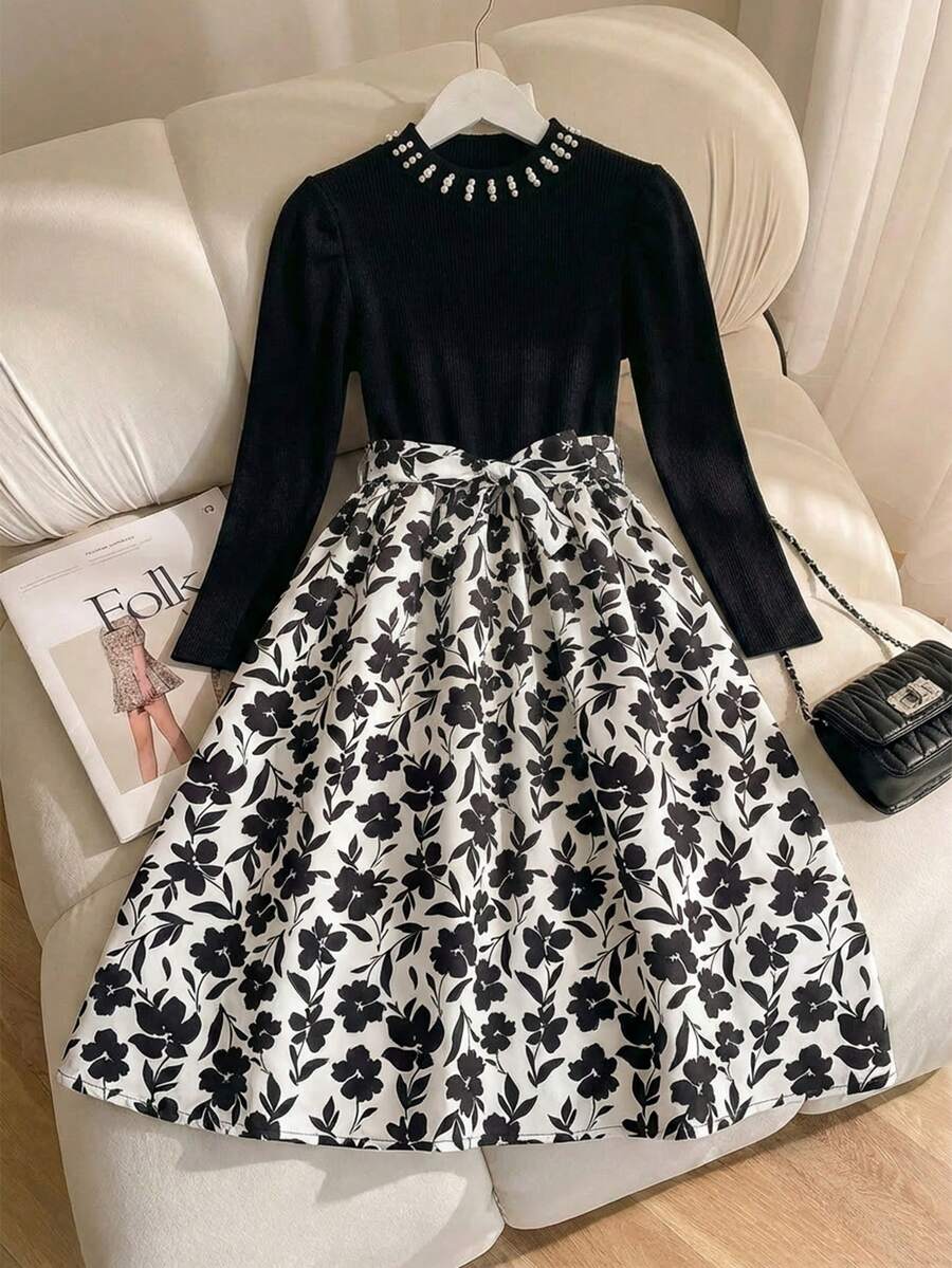 SHEIN Tween Girl Mandarin Collar Raglan Puff Sleeve Casual Floral Patchwork Print Dress - Black - View 1