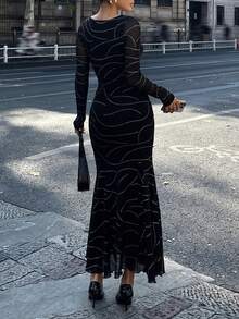 DAZY 女士圆领长袖修身优雅长款连衣裙 - 黑色 - 查看 6