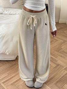 SHEIN EZwear Women's Knitted Embroidered Drawstring Waist Casual Wide Leg Sweatpants - Khaki - View 6