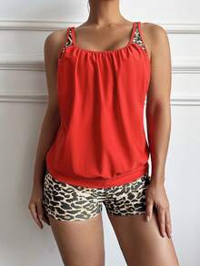 Slaydiva 女士豹纹吊带泳衣套装。抽绳领口设计。豹纹泳裤款式随机。显瘦。 - 彩色 - 查看 4