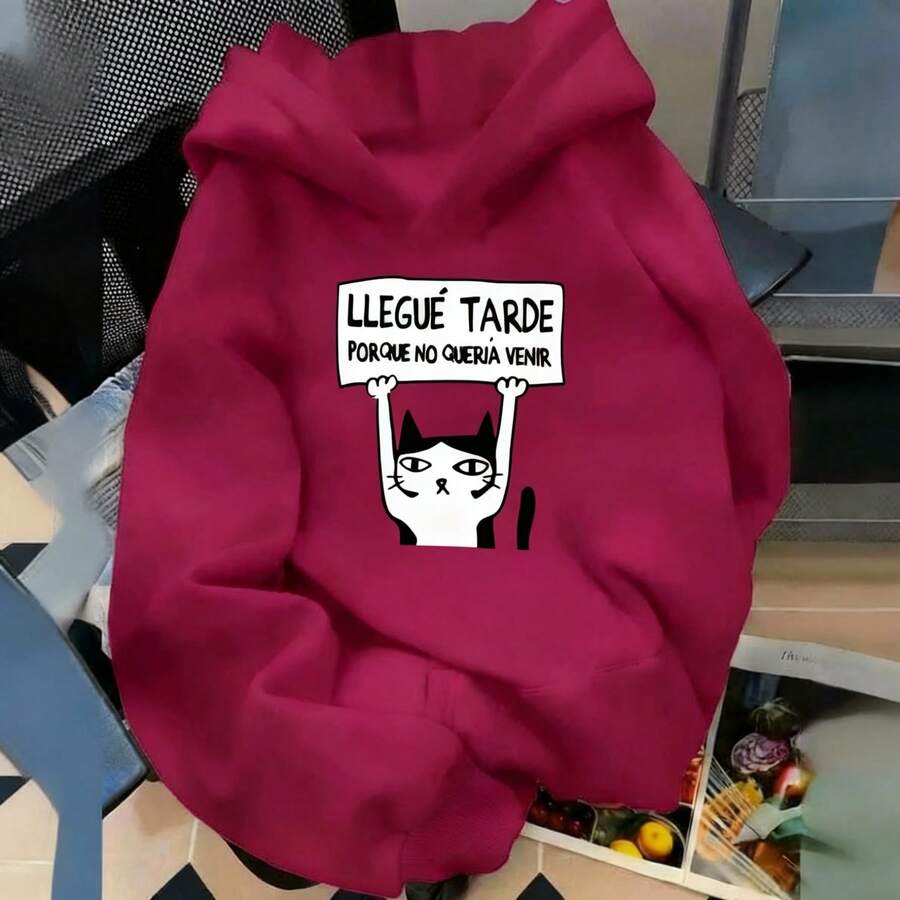 Unisex estampado gato frase divertida estilo urbano casual escuela sudadera - Fucsia - Ver 1