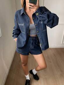 DAZY 女士复古西部牛仔风水钻装饰宽松翻领长袖衬衫搭配直筒短裤休闲套装，春秋季 - 藍色 - 查看 3