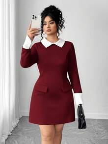 Elenzga 女士优雅撞色领长袖假口袋简约短裙 - 酒紅色 - 查看 1