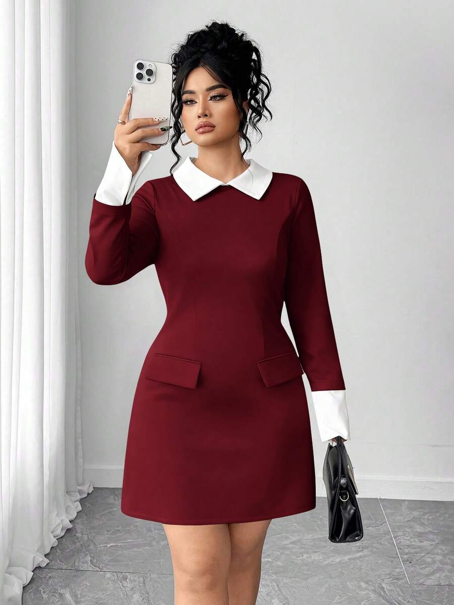Elenzga 女士优雅撞色领长袖假口袋简约短裙 - 酒紅色 - 查看 1