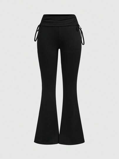 Grunge Punk Pantalon évasé noir à cordon de serrage pour femmes