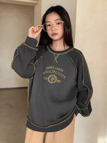 Dazy Kids Tween Girls Knitted Crew Neck Embroidered Letter Sweatshirt, Fall - Grey - View 3