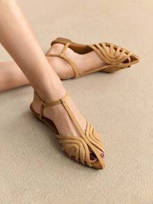 Rosivie 2025新款女士镂空编织罗马凉鞋，时尚平底闭趾搭扣沙滩休闲鞋 - 卡其絨 - 查看 5