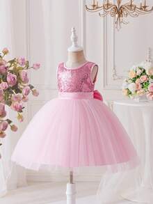 Glamorique Kids Girls' Gold Sequin Tulle Puff Dress, Satin Butterfly Decor Sleeveless, Suitable For Halloween, Christmas, Birthday, Wedding Guest, Party - Baby Pink - View 3