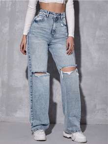 Jeans Rasgados Mezclilla Casual De Pierna Ancha Para Mujer Pantalón - Lavado ligero - Ver 5