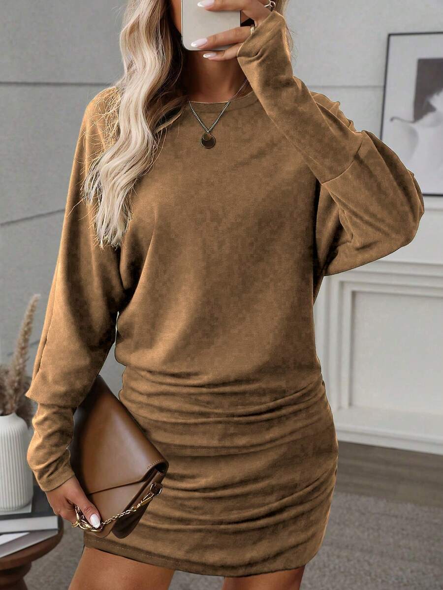 SHEIN LUNE Nuevo vestido básico de moda casual con mangas de murciélago y dobladillo fruncido - Caqui - Ver 1