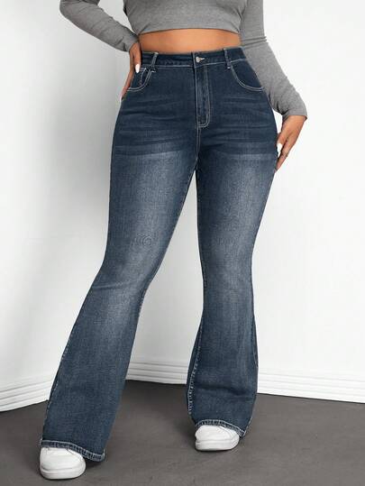 Jeanoix Jeans de pierna acampanada de cintura alta de moda casual y elegante para mujer de talla grande, adecuados para el uso diario