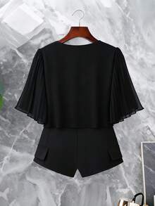 Franclia Women's Elegant Pleated Short Sleeve Cardigan Blouse, Spring/Summer - Black - View 2