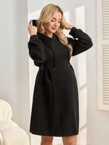 SHEIN Robe de maternité décontractée à capuche, manches longues, avec décoration à la taille et boutons, couleur unie - Noir - Voir 6