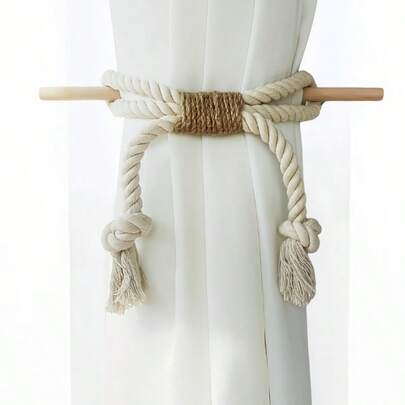 Madebyblanc 波西米亚风窗帘绑带，质朴实木杆搭配粗麻绳，简约百搭，适用于卧室客厅装饰，自然家居点缀，打造波西米亚风情农舍风格窗帘。