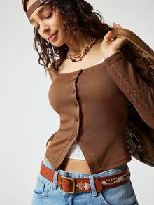 SoleilVie Suéter corto de punto ajustado y casual con cuello cuadrado y abertura, color beige, para otoño - Marrón - Ver 4