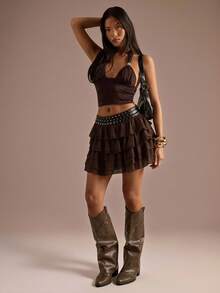 SHEIN BAE Váy dự tiệc/club kiểu phương Tây màu nâu đính đá thời trang dành cho nữ mùa Thu/Đông, váy xòe, váy đi club, váy casual cho năm mới, váy đi chơi. - Cà phê nâu - Xem 1