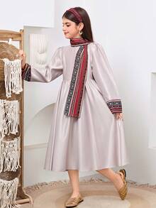 SHEIN Tween Girls Cute Puff Sleeve Cinched Waist Dress, Casual Daily & Party Wear, Middle Eastern Pattern Retro Print, Middle Eastern Traditional Clothing Abaya Robe - Grey - View 4