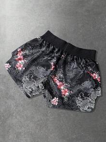 ROMWE MEN Anime 男士弹力腰带印花休闲百搭度假短裤 - 黑色 - 查看 5