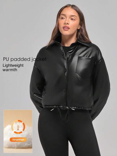 Fluxe Women's PU Leather Padded Jacket – Premium Faux Leather, Warm Quilted Lining, Classic Point Collar, Snap Button Closure, Stylish Chest Patch Pocket, Adjustable Drawstring Hem, , Water-Resistant, Durable And Easy To Clean, Perfect For Modern Urban, Casual, And Winter Outfits