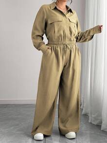 Elenzga 大码女式法式浪漫西西里优雅休闲通勤度假纯色棕色衬衫领隐形门襟松紧下摆长袖衬衫+松紧腰工装裤套装，春/秋/冬 - 卡其色 - 查看 7