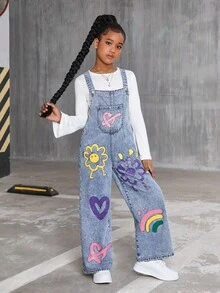 SHEIN Sparklyn Girls' Fashionable Floral, Heart, Rainbow & Graffiti Print Casual Soft Washed Denim Adjustable Strap Loose Fit Jumpsuit, Suitable For Layering With Short/Long Sleeve Tops, Perfect For Daily Wear And Travel, All Seasons Fall Winter